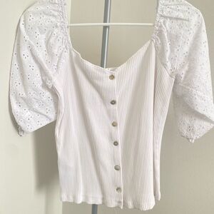 Mango White Eyelet Button-Up Blouse